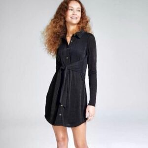 Women's S NWT Black Long Sleeve Button Down Collared Shirt Dress LBD